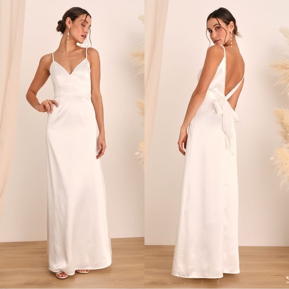 NWOT Lulus Ready For Forever White Satin‎ Pearl Tie-Back Maxi Dress - Picture 1 of 9